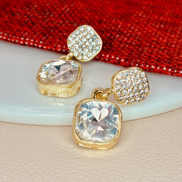 Gold Crystal Dangle Drop Earrings - Picture 2 of 6